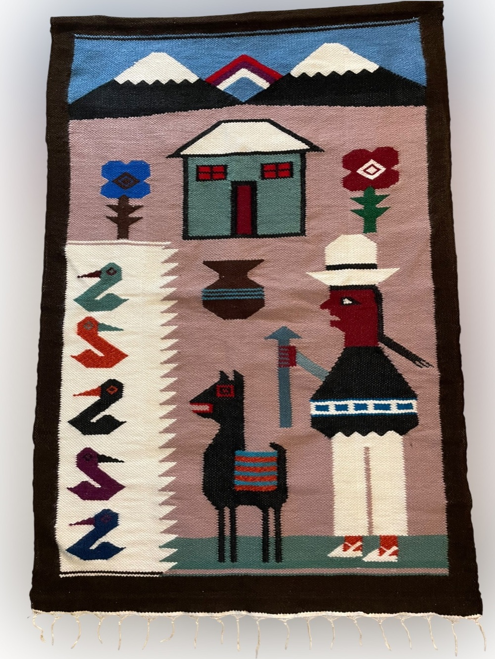 Vtg Handwoven Wool Andean Pictorial Tapestry Indigenous Folk Art Wall Hanging